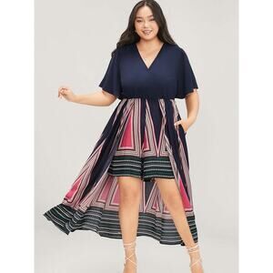 Bloomchic Women’s 1x Plus Size 14/16 Geometric Romper Ruffle Sleeve Pockets NWT